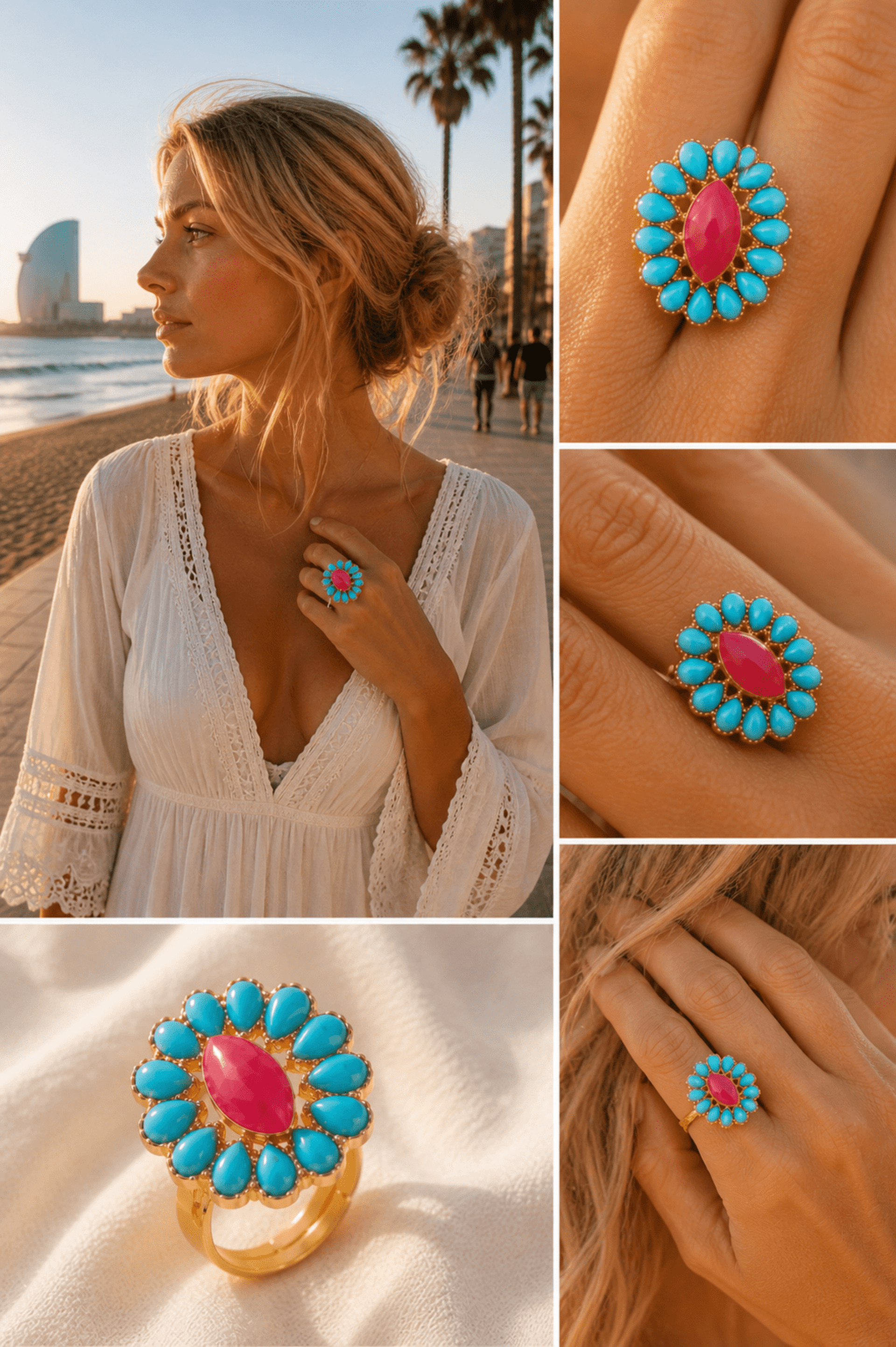 Anillo Boho Ajustable Estilo Ibiza con Detalles Turquesa y Coral- Edición Paula - 1