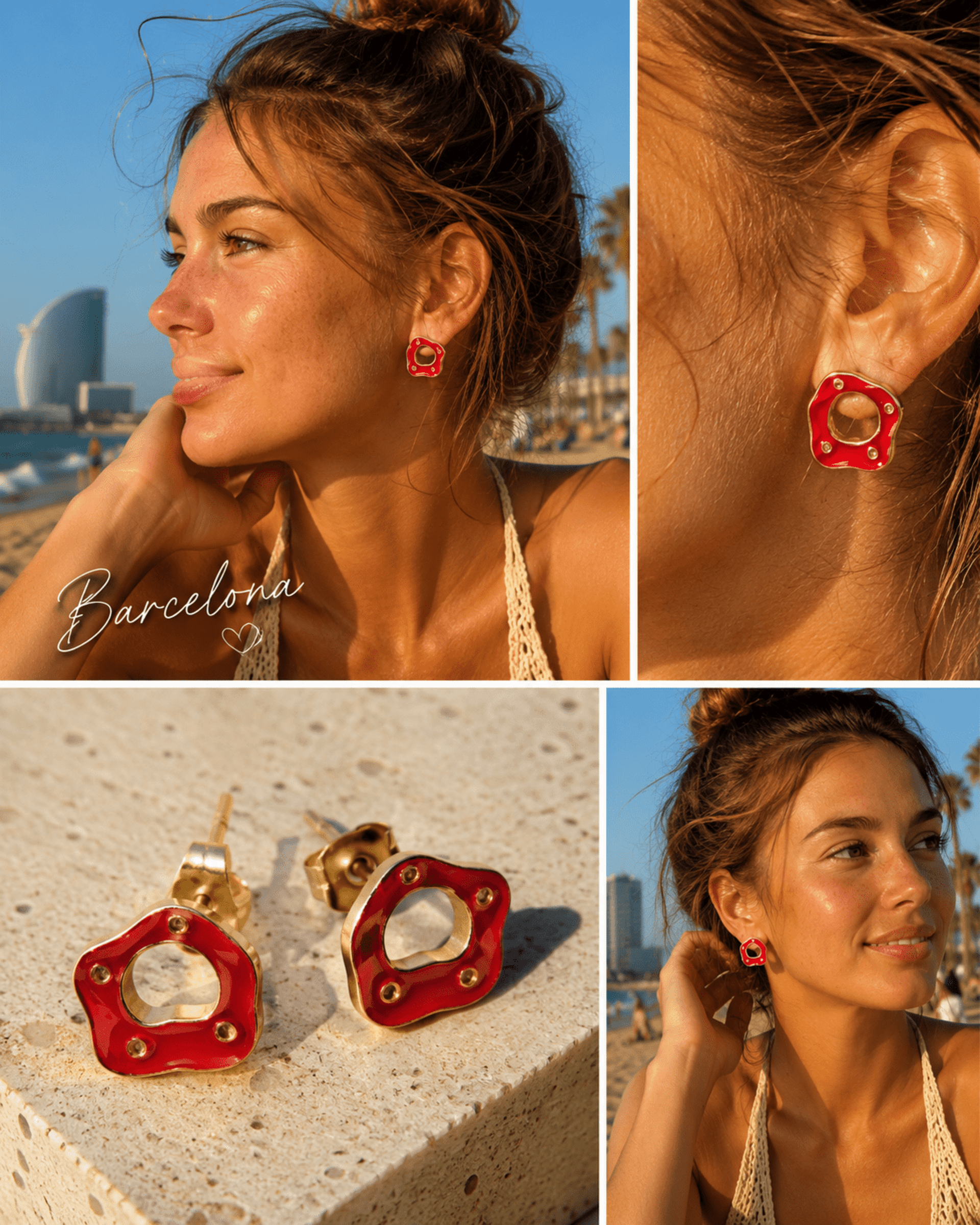 Pendientes rojos de esmalte fundido San Dalí, chapados en oro de 18 quilates. - 3