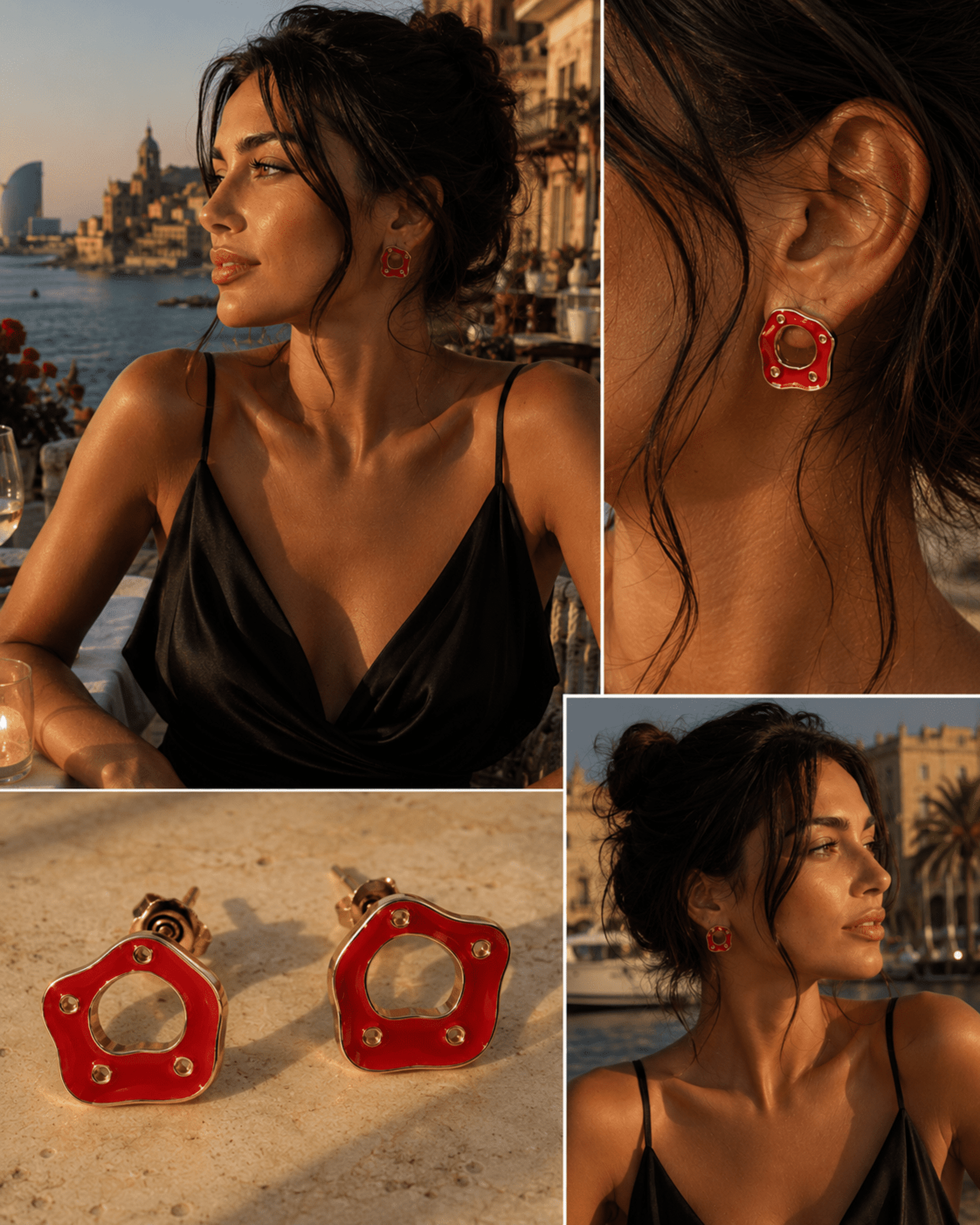 Pendientes rojos de esmalte fundido San Dalí, chapados en oro de 18 quilates. - 1