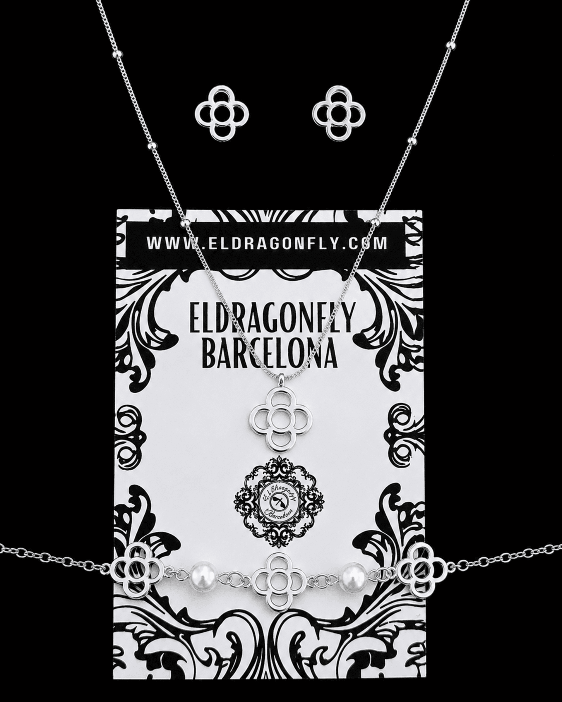 Conjunto Flor de Barcelona Plateado – Pendientes, Collar y Pulsera Triple - 2